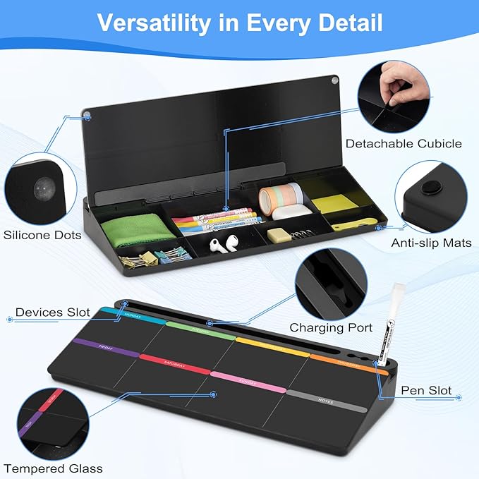 Desktop Glass Whiteboard with Storage, Colorful Weekly Calendar Desk Dry Erase White Board, Desk Organizers and Accessories, Weekly Planner with Notes for List, Planning, Memo, Office, Home, School