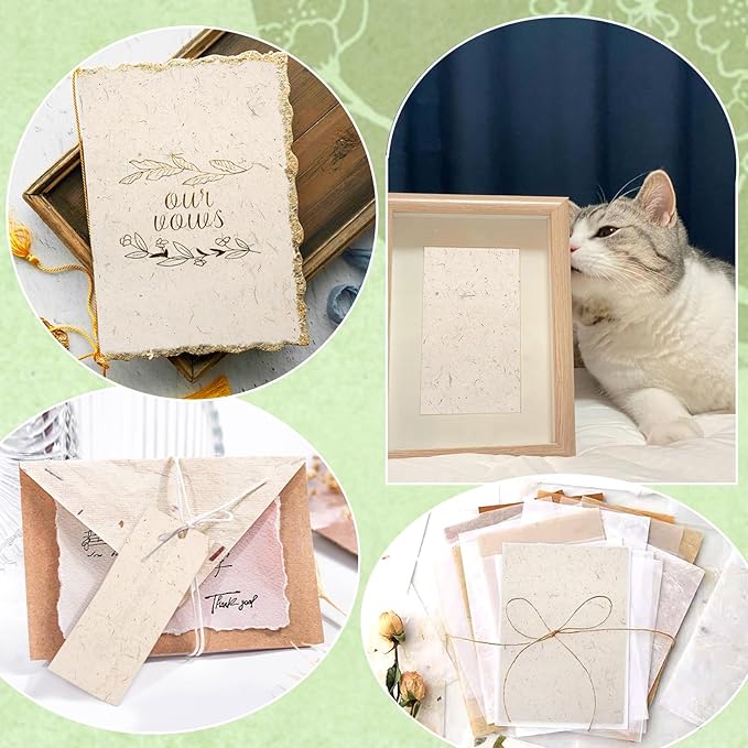 Benvo 50 Sheets A4 Natural Mulberry Paper Visible Leaves Fiber Rice Paper Printable Decoupage Tissue Paper Sheets for Writing, Painting, Card Making, DIY Crafts(8.3x11.7in, Semi Transparent Jute)