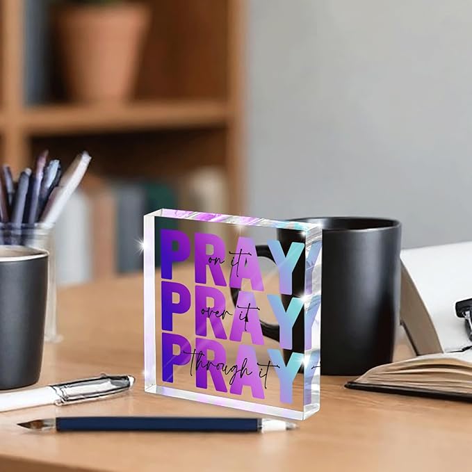 Inspirational Decor, Multicolor Dorm Room Decor for Women, Desk Decorations for Office, Ideal Christian Gifts for Women - Pray On It, Pray Through It - Bible Verse Desk Art, 4 x 4 inch