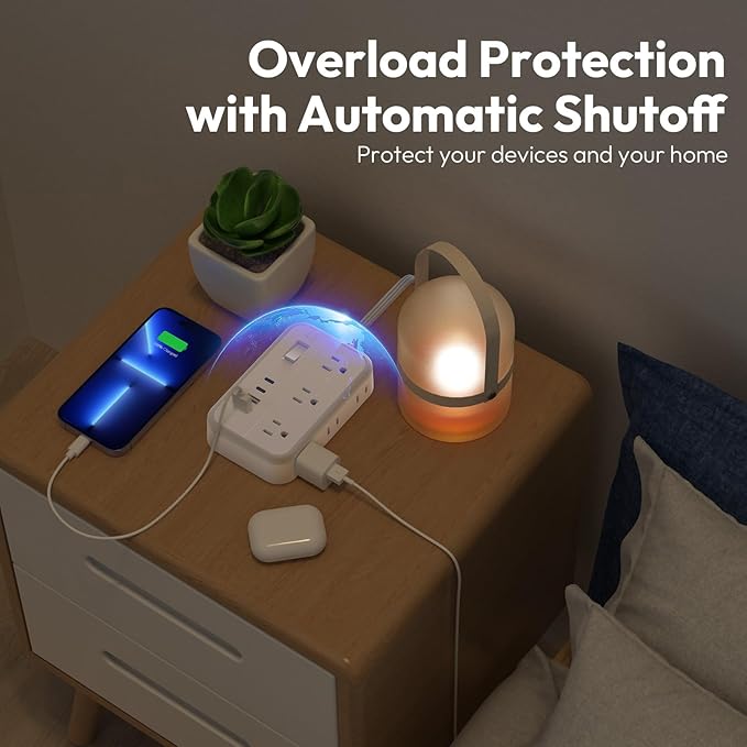 Flat Plug Extension Cord 25 ft, Surge Protector Power Strip, Outlet Extender with 6 Outlets 4 USB Ports, Overload Protection, Long Extension Cord with Multiple Outlets for Indoor, Home, Office, White