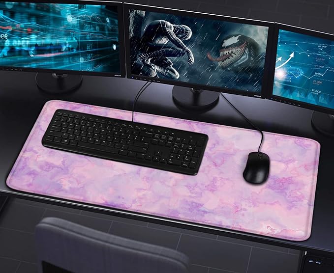 Large Extended Gaming Mouse Pad with Stitched Edges, (31.5X15.7In) Durable Non-Slip Natural Rubber Base, Waterproof Computer Keyboard Pad Mat for Esports Pros/Gamer/Desktop/Office/Home, Marble Purple