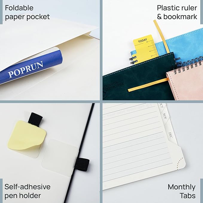 POPRUN 2026 Planner Weekly Notebook (Jan-Dec), Medium 8.5''x 6.5'' - Agenda 2026 Calendar Book with Monthly Tabs, Inner Pocket, Spiral Soft Cover, 100 GSM - Petrol