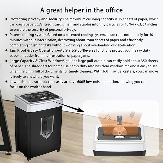 Bonsaii 15-Sheet Cross-Cut Shredder, 40-Min Run Time for Home or Small Office, Shreds CDs, Credit Cards & Staples, 5-Gallon Pull-Out Basket with Clear Window, 360° Swivel Casters – Black