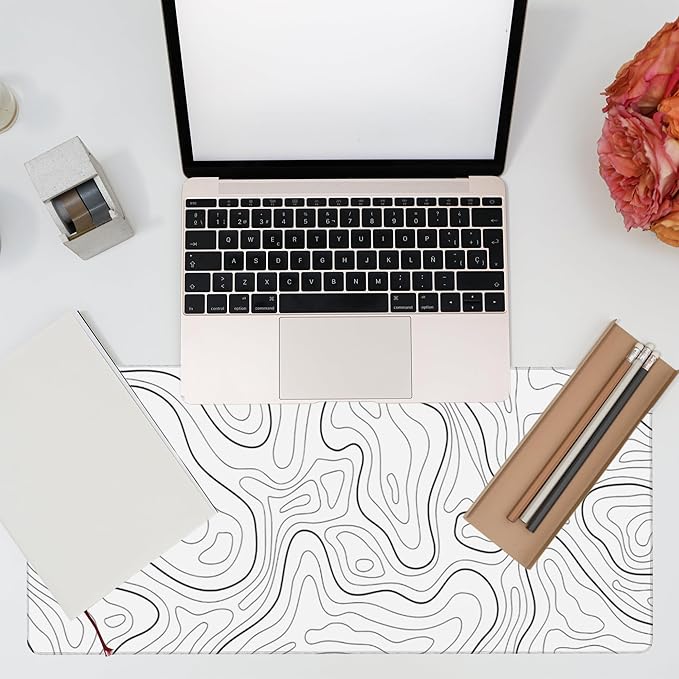 Desk Mat,White Topographic Contour Map Desk Pad,Topographic Contour Large Gaming Mouse Pad for Desk,Extended Big Computer Keyboard Mouse Pad with Non-Slip Base and Stitched Edge,35.4"x15.7"