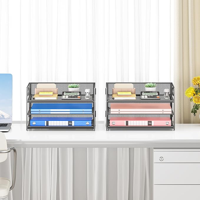 Subekyu 2-Pack 3-Tier Gray Metal Mesh Desk Paper Letter Tray & File Sorter Organizer with Handle + 1 Sliding Tray for Desk, Home, Office, School Supplies, A4 Paper and Accessories Storage