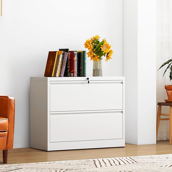 2-Drawer Lateral File Cabinet with Lock, Black Metal Filing Cabinet for Office or Home – Secure Storage for Letter/Legal/A4/F4 Documents, Easy to Assemble Locking File Organizer (White, 2 Drawer-26"W)