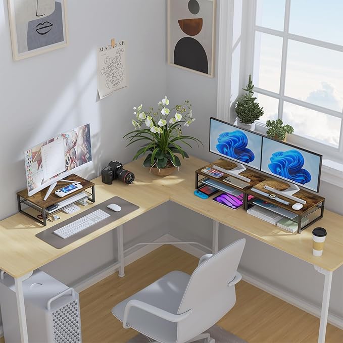 gianotter 2-Tier Metal Monitor Stand Riser, Desk Organizer for Monitor, Office Desk Storage Organizer for Office Supplies (Wood)