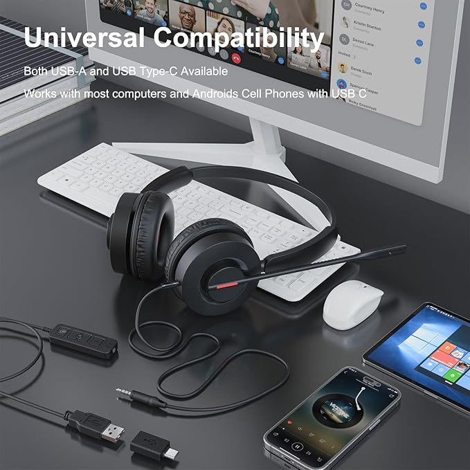 MAIRDI USB Headset with Microphone, 7.1 Surround Sound, USB-A/Type C/3.5mm 3-in-1 Wired Headset with Mic Noise Cancelling & Mute, Computer Headphone for Laptop Home Work Office CallCenter Teams Zoom