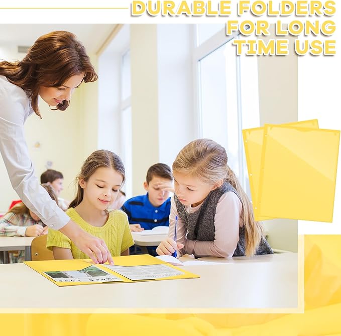 Henoyso 60 Pcs 2 Pocket Plastic Folders with Clear Front Pocket 3 Hole Punched File Folder Letter Size Take Home Documents Holder for Paper Holder Office Business Back to School Supply (Yellow)