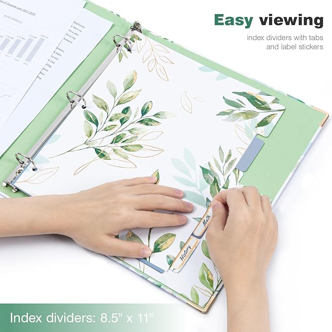 Ospelelf Binder 3 Ring 1 Inch, Green Floral Round Ring Clipboard Binder for Letter Size Paper with 5 Tab Dividers, for School and Office Supplies