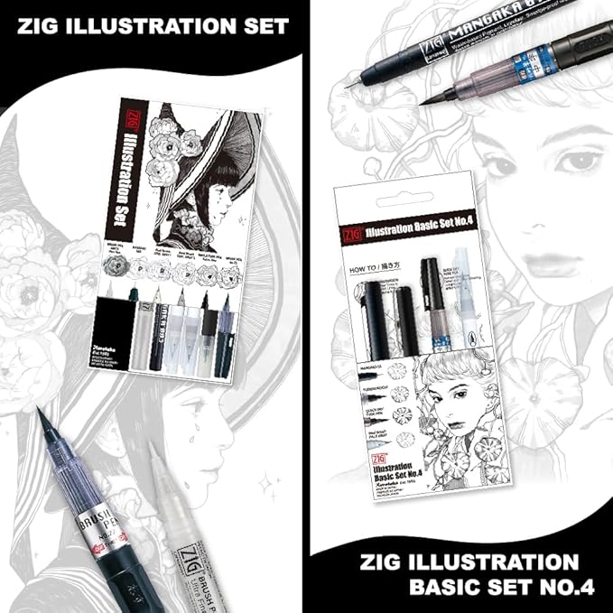 Kuretake ZIG Inktober Special Set, ZIG ILLUSTRATION BASIC SET NO.4 for Manga Drawing, Lettering and Calligraphy, Professional Artist Quality, Made in Japan
