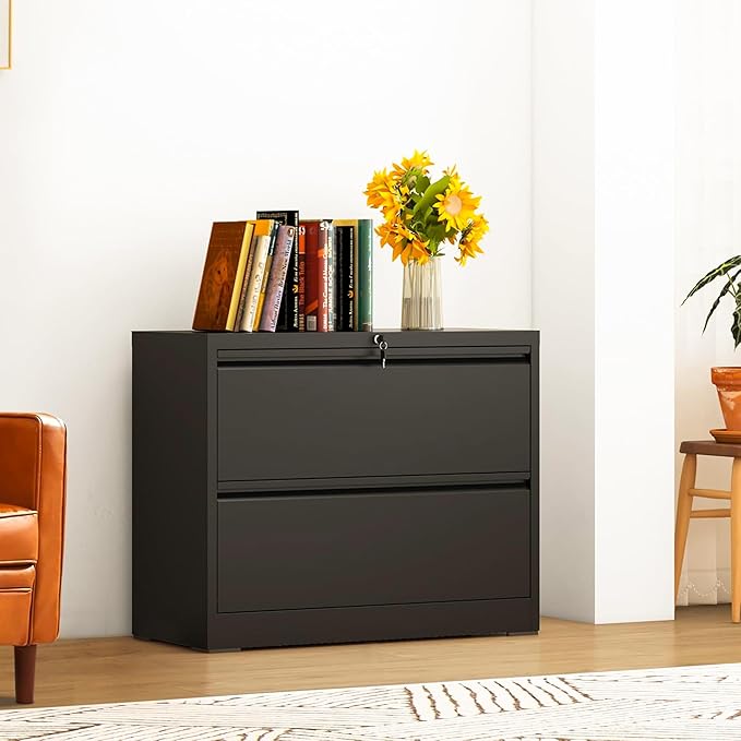 2-Drawer Lateral File Cabinet with Lock, Black Metal Filing Cabinet for Office or Home – Secure Storage for Letter/Legal/A4/F4 Documents, Easy to Assemble Locking File Organizer (Black, 2 Drawer-26"W)