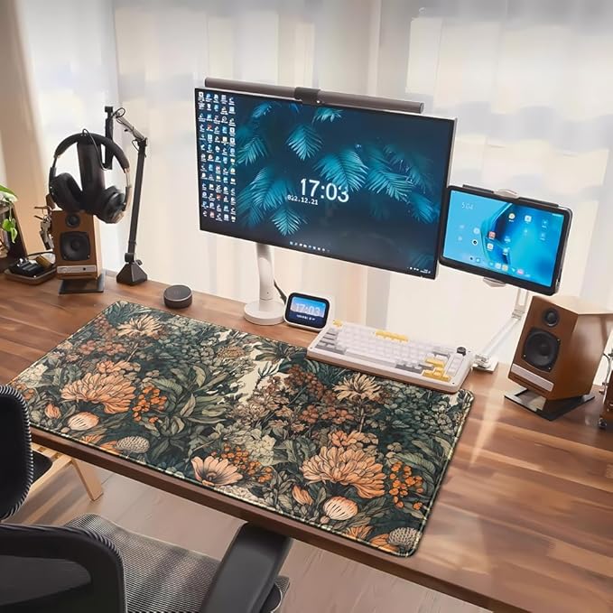 Boho Aesthetic Desk Mat Wildflowers Large Mouse Pad Gaming Pad, XXL Keyboard Mat Full Desktop Women Office Desk Accessories with Stitched Edges Anti-Slip Funny Deskpad, 31.5 X 15.8 in