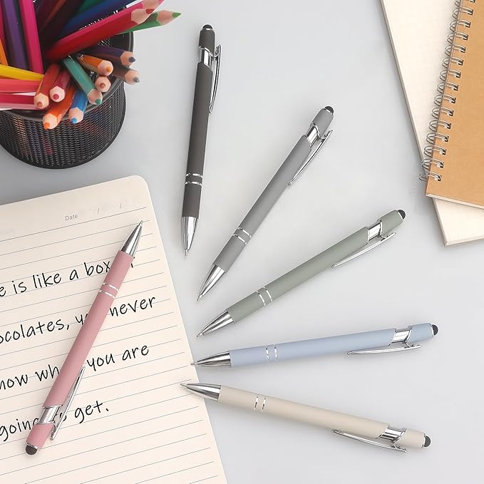 Bribobo Ballpoint Pen 2-in-1 Stylus Retractable Ballpoint Pen with Stylus tip, Metal Stylus Pen for Touch Screens, 1.0 mm Black Ink (Pastel Color) 6 Pack