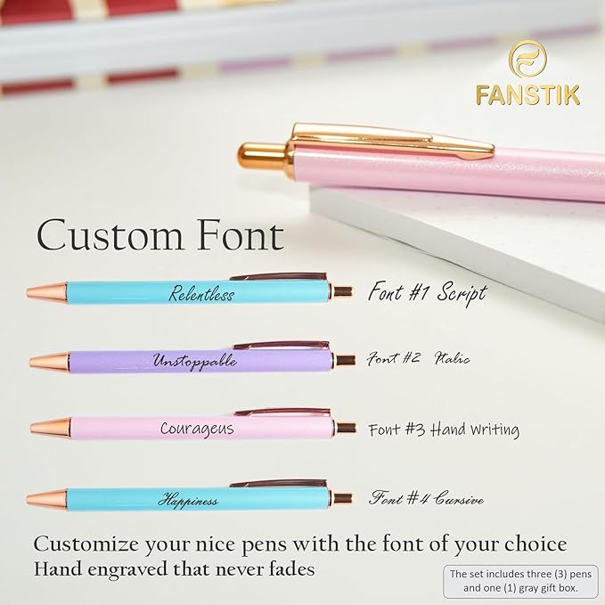 Customized BallPoint 3-pack pens set with name (MADE IN USA), Fancy Pen Set for Women, Thank you gift for woman, Luxury engraved pens personalized for women, (BallPoint Fancy Set)
