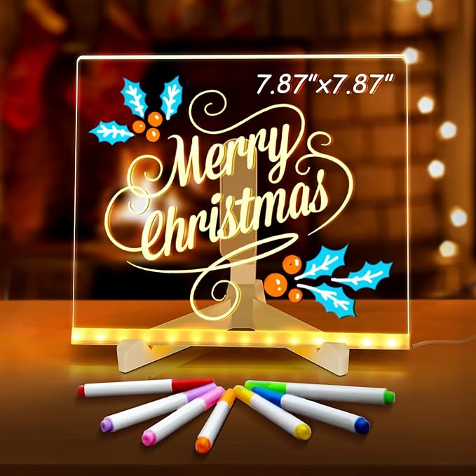 LED Note Board with 7 Colors, Light up Acrylic Message Board, Night Light outwards Writing Drawing Dry Erase Board, Personalized Note Board with Colors Large and 7 Pens for Kids (7.87x7.87inches)