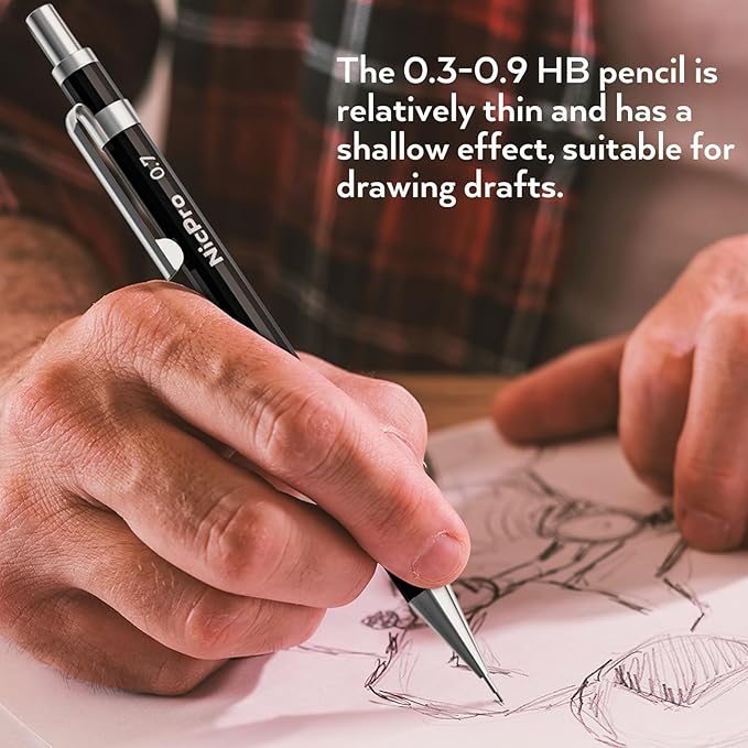 Nicpro 33PCS Black Metal Mechanical Pencil Set in Leather Case, Art Drafting Pencil 0.3, 0.5, 0.7, 0.9 mm, 2mm Lead Holders for Sketching Drawing With 18 Tube (6B 4B 2B HB 2H 4H Colors) Lead Refills