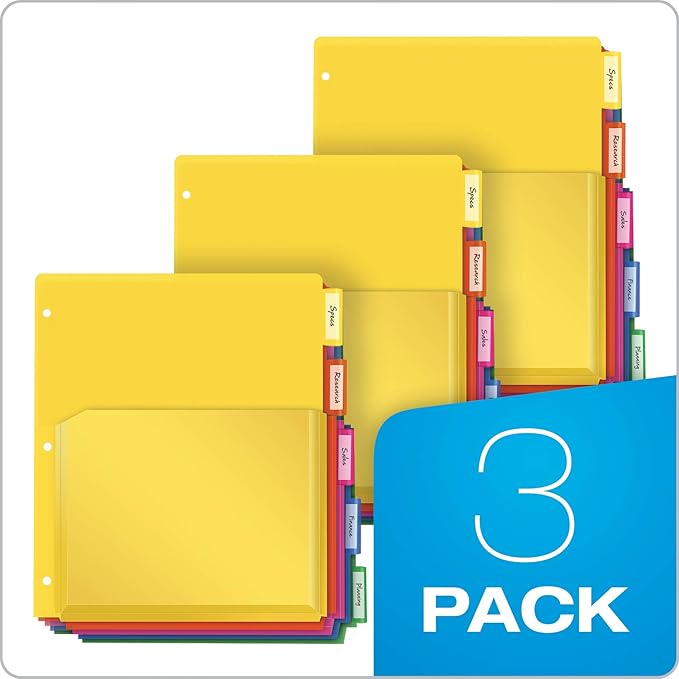 Oxford Expanding Plastic Binder Dividers, Works with 3 Ring Binder, Flexible Front Pockets Expand, 5 Tab, Durable Plastic, Insertable Multicolor Tabs, Letter Size, 3 Sets (89604) (Pack of 8)