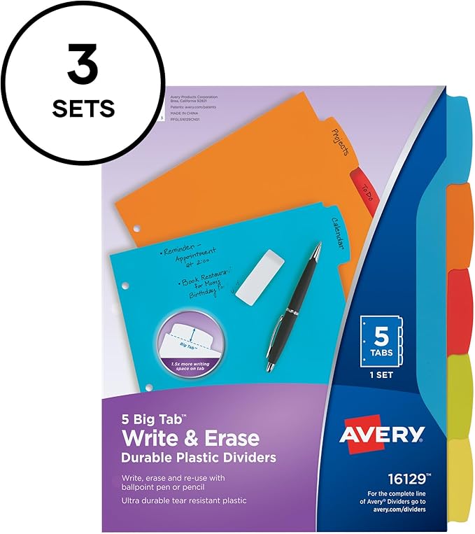 Avery Big Tab Write & Erase Durable Plastic Dividers, 5-Tab Set, Multicolor Brights, 3 Sets (21212)