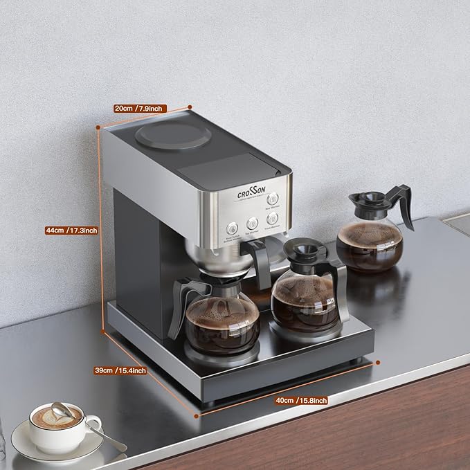 crosson 12 Cup Commercial Coffee Brewer with 4 Warmers & 4 Glass Decanter,Pour Over Drip Coffee Maker with Stainless Steel Housing and 304 SS Funnel