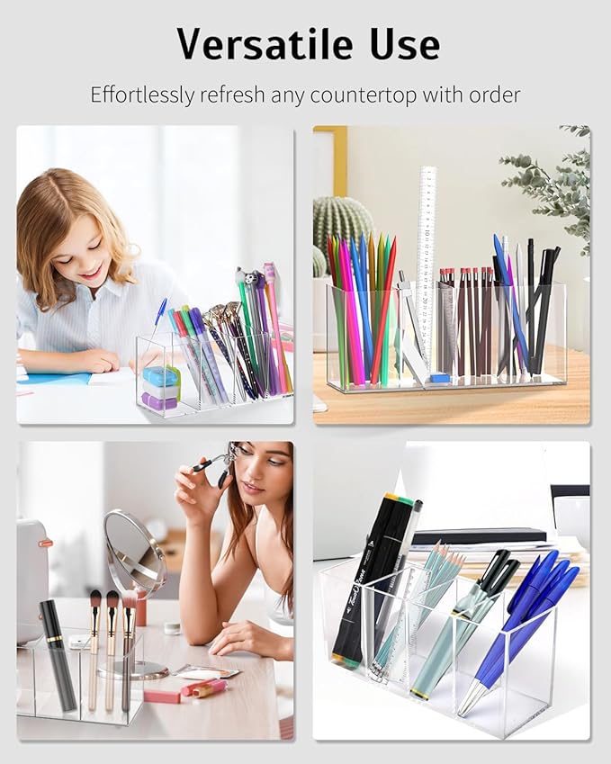 Uniclife Clear Acrylic Pen Holder for Desk, Plastic Pencil Holder Pen Organizer with 4 Compartments, Desktop Stationery Organizer for Office Home School, Vertical Makeup Brush Holder, 9" x 3" x 4"