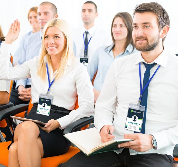 Fushing 50pcs Clear Plastic Vertical Name Tags Badge ID Card Holders and Blue Neck Lanyards with Swivel Hook for School, Festival, Event (XL)