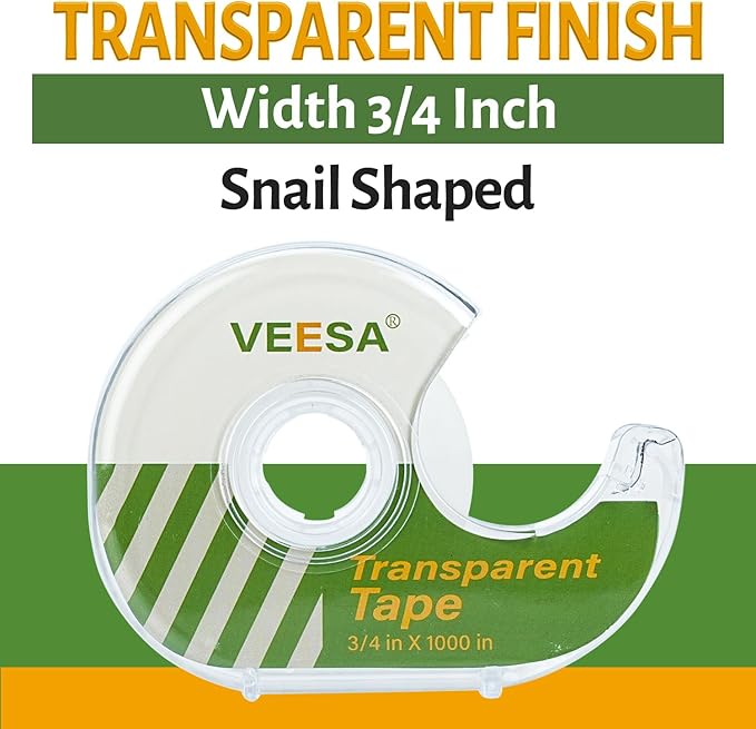 VEESA Transparent Tape with Dispenser, 3/4 x 1000 Inches, 12 Rolls Clear Tapes for Gift Wrapping, Craft Jobs, Office & School Supplies