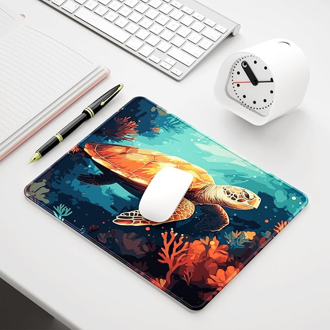 Auhoahsil Mouse Pad, 12 x 10 in Animals Theme Computer Mouse Pad for Desk, Premium-Textured Non-Slip Rubber Stitched Edges Waterproof Square Mouse Mat for Gaming Work Wireless Mice, Coral & Turtle