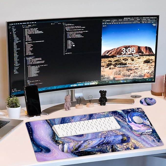 Keyboard Wrist Rest Large Mouse Pad Wrist Support for Computer, 4 in 1 Memory Foam Keyboard Pad Desk Mat Ergonomic Hand Rest Wrist Cushion for Home Office Gaming-Purple Marble