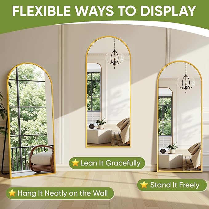 Full-Length Floor Mirror with Stand, 58"x21" Arched Style Full Body Standing Mirror for Bedroom, Living Room, Gym, Dorm - Shatter-Resistant & Easy Assembly, Gold