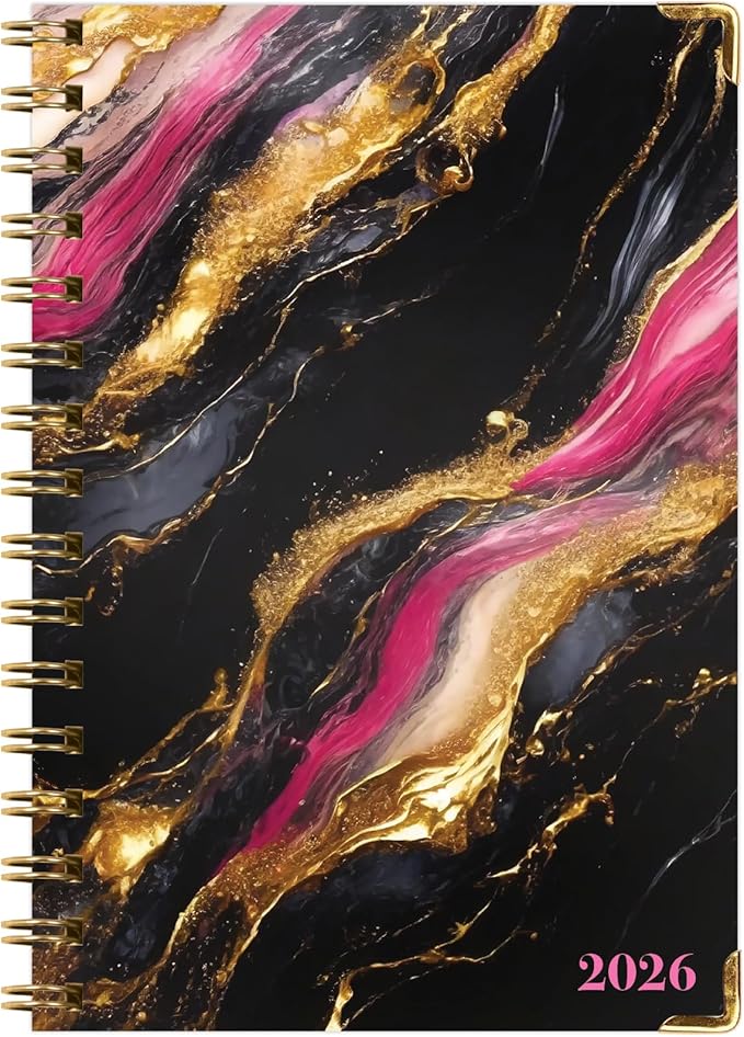 HARDCOVER 2026 Planner, 5.5"x8": 14 Months (November 2025 - December 2026), Daily Weekly Monthly Planner, Yearly Agenda, Bookmark, Pocket Folder and Sticky Note Set (Dark Gold Marble)