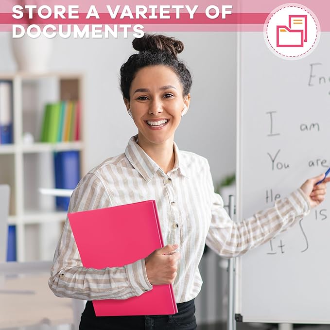 Henoyso 72 Pcs Plastic Folder with Clear Front Pocket and 3 Prong Plastic Folders with Card Slot Pocket Folders with Prongs for School Office (Rose Pink)