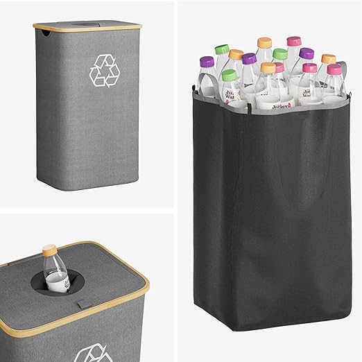 SpaceAid Recycling Bin for Kitchen 26 Gallon, 100L Recycle Bin with Lid and 2 Reusable Inner Bags, for Bottle Can Glass Plastic Stickers, Grey