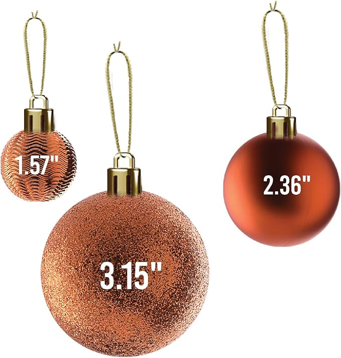 PREXTEX Christmas Tree Ornaments - Copper Orange Christmas Ball Ornaments Set for Christmas, Holiday, Wreath & Party Decorations (36 pcs - Small, Medium, Large) Shatterproof, 3 Size Combo