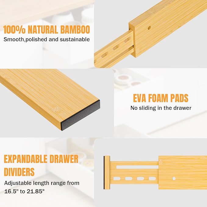 Bamboo Drawer Dividers 4" High, 16.5-22" Adjustable Drawer Organizers for Clothes,Expandable Dresser Separators in Bedroom/Kitchen/Bathroom/Office Organization and Storage,6 Pack
