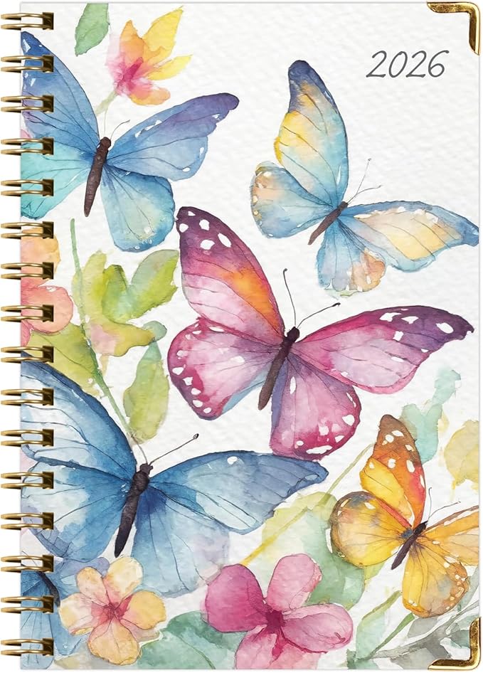HARDCOVER 2026 Planner, 5.5"x8": 14 Months (November 2025 - December 2026), Daily Weekly Monthly Planner, Yearly Agenda, Bookmark, Pocket Folder and Sticky Note Set (Watercolor Butterflies)