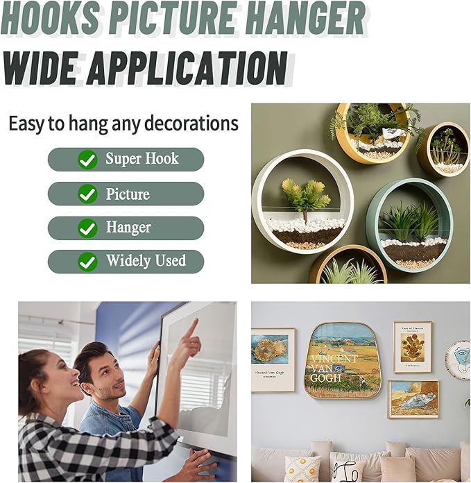 30pcs Super Hook Picture Hangers and Office Pack, Drywall Hooks for Hanging Pictures, Wall Hooks, Picture Hangers, Picture Hanging Kit,Hang Art, Clock, Shelves, Mirrors