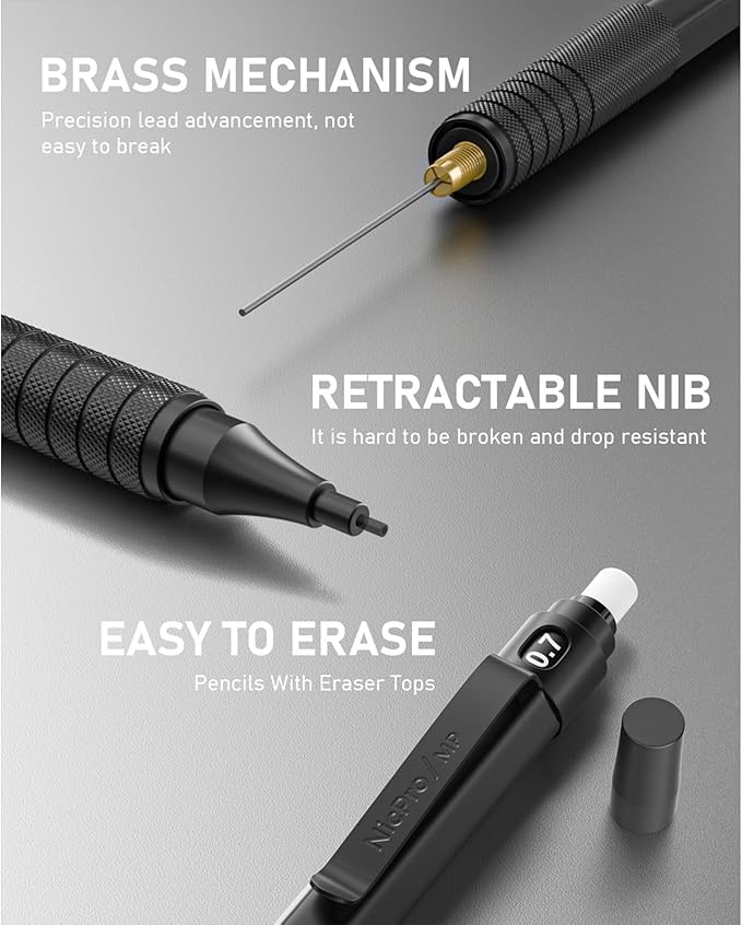 Nicpro 0.7 mm Mechanical Pencil Set with Case, 3 Metal Artist Pencil With 8 Tube HB Lead Refills, 3 Erasers, 9 Eraser Refills For Architect Art Writing Drafting Drawing, Engineering, Sketching, Black