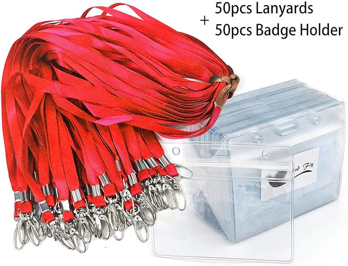 Lanyard with ID Holder 50 Pcs Waterproof Name Tag Badge ID Card Holders ID Pass Holder and 50 Pcs Flat Neck Lanyards Swivel Hook (Red, Horizontal)