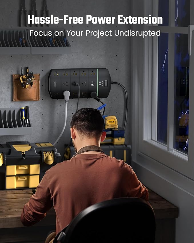 Power Strip,SUPERDANNY 5000 Joules Surge Protector with 13 AC Outlets 2 USB-A & 2 USB-C PD 20W Fast Charging Heavy Duty 14AWG/3C Industrial Grade 15ft Extension Cord for Workbench Home Office Black