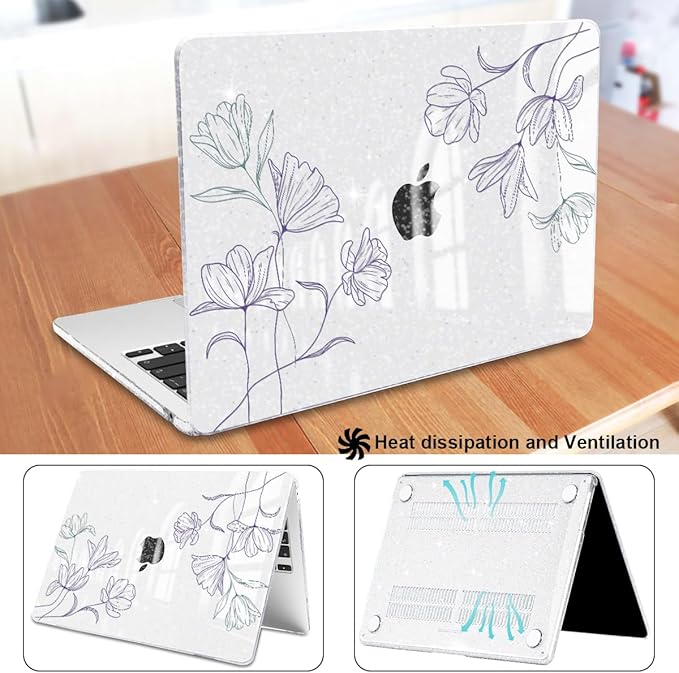 Case Compatible with MacBook Air 13.6 inch 2025 2024 2023 2022 M4 M3 M2 A3113 A2681 A3240 Cover with Touch ID, Pattern Plastic Hard Shell Case for MacBook Air 13 M4 2025, Purple Line Flower