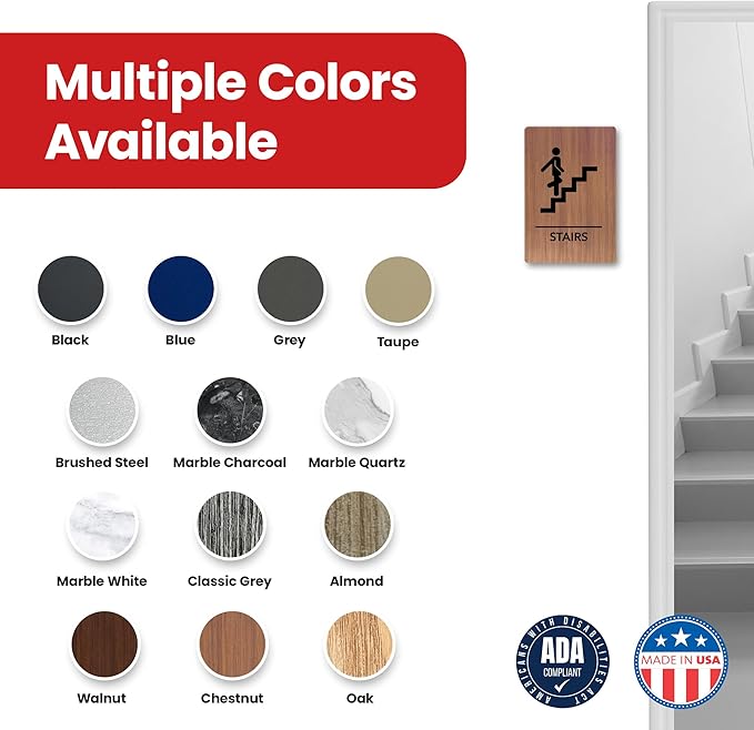 Promot Stair Sign – ADA Braille Stairway Sign for Business, Self-Adhesive, 9" x 6", Commercial Door Signage, Office Wall Decor - Chestnut