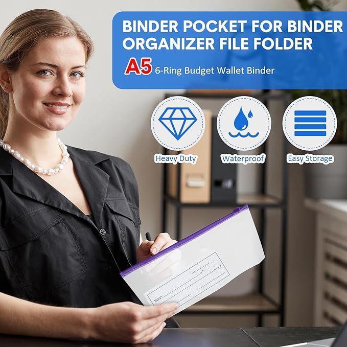 40 Pieces 6 Ring Binder Zipper Pouch, 6 Hole Binder Pockets with Zipper Bulk Binder Folders Plastic Binder Pouch Loose Leaf Bags Waterproof PVC Document Filing Bag(Colorful, A5)