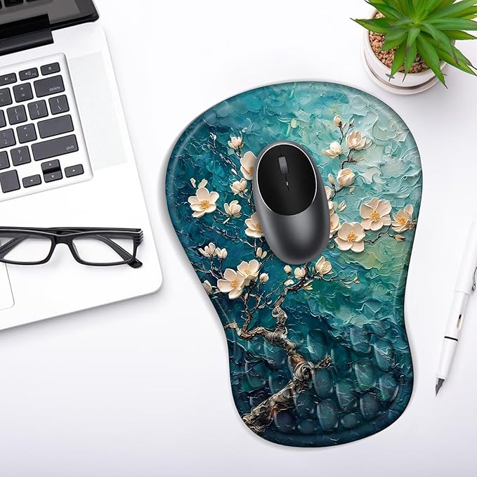 YIWEI Ergonomic Mouse Pad with Wrist Rest Support, Mousepad with Comfortable Memory Foam Wrist Rest and Non-Slip PU Base for Pain Relief, Computer, Laptop, Office, Home (Plum Plossom)