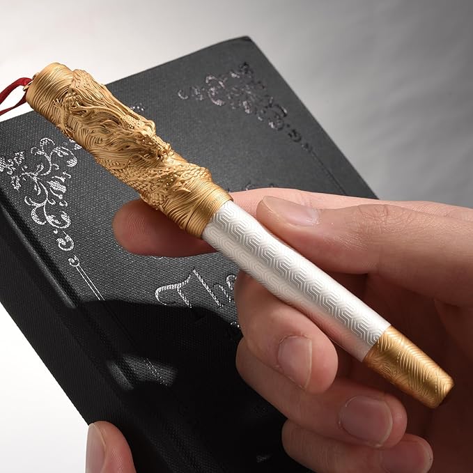 Hongdian A24 Fountain Pen Fine Nib, Snow White & Golden Dragon Stereoscopic Carving Cap Design