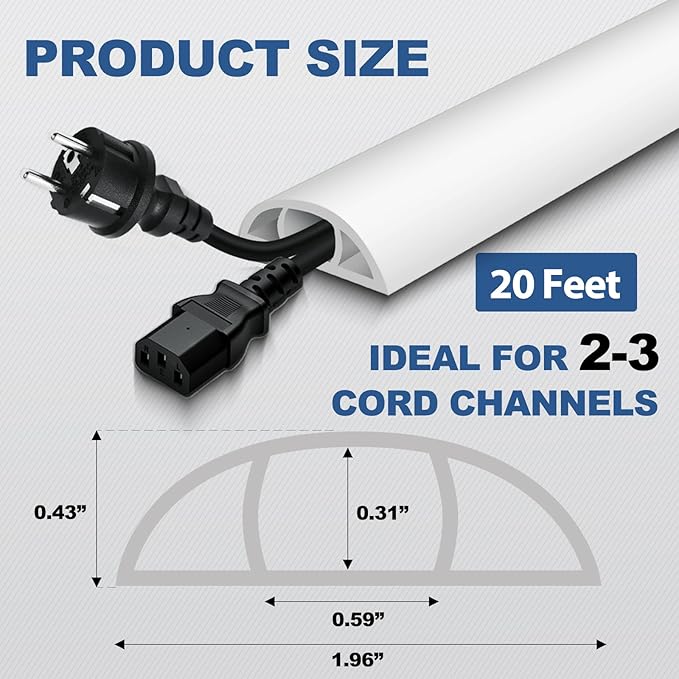 Floor Cord Cover for Wires on Floor Self Adhesive Cord Hider Floor Cable Management Wire Covers for Cords Protector Prevent Cable Trips Cord Cavity W 0.59" x H 0.31", White, 20Ft