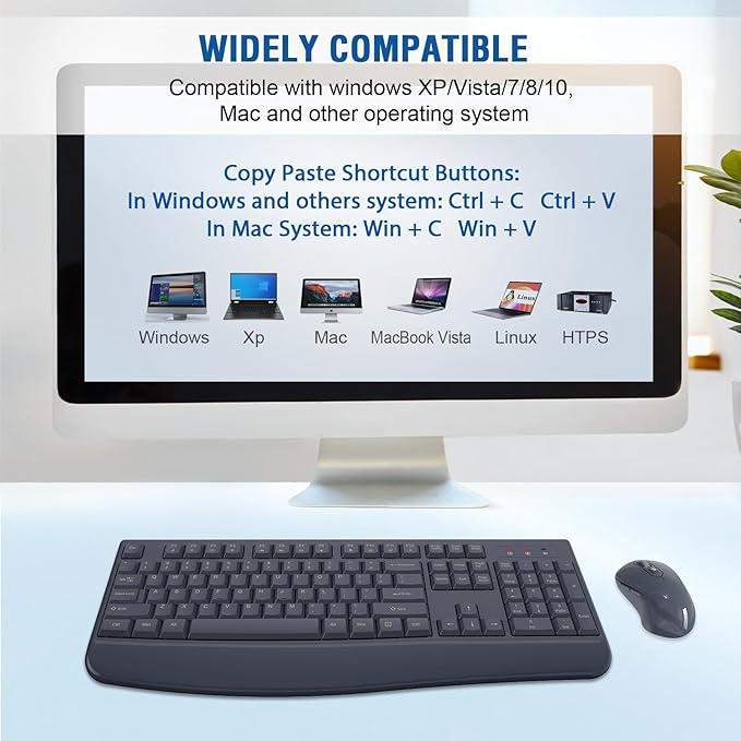 Wireless Keyboard and Mouse Combo, Full-Sized 2.4GHz Comfortable Palm Rest and Optical Wireless Mouse for Windows, Mac OS PC/Desktops/Computer/Laptops(Navy Blue)