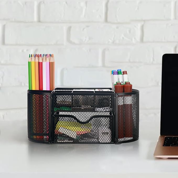 Comix Mesh Pen Pencil Holder Desk Organizer, 8 Compartment and 1 Drawer Wire Desktop Pen Pencil Cup Caddy Office Supplies Accessories for Home Office School, Black