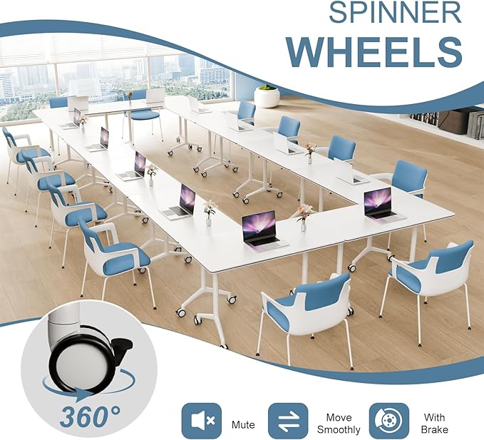 8pack Folding Conference Room Table, Modern Conference Tables with Silent Wheels, Large Rectangular Mobile Training Tables for Office Classroom, Foldable Modular Seminar Table White (L55.1in)