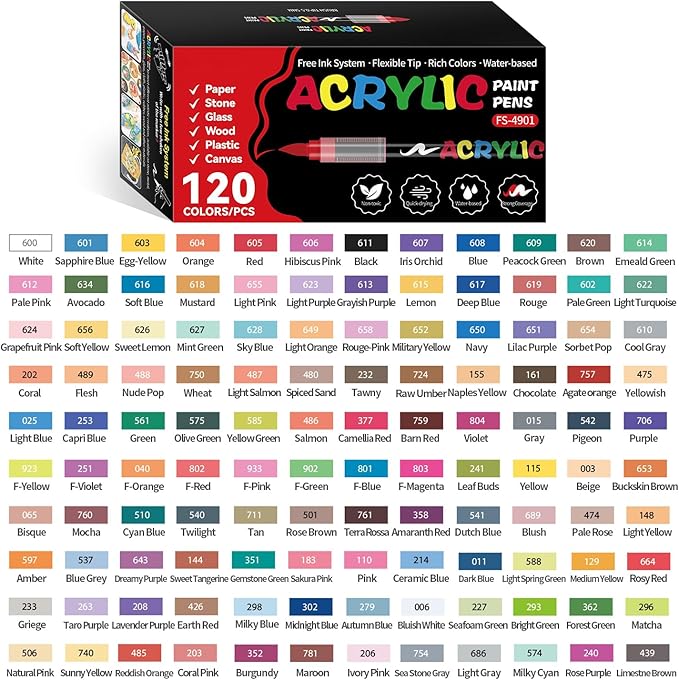 120 Colors Acrylic Paint Markers, Soft Brush Tip Acrylic Markers Set, Paint Pens for Wood, Fabric, Canvas, Glass, Stone, Canvas, Rock Painting and DIY Crafts Art Supplies